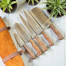 Chef Set 5 Pcs  Damascus Steel  Pakka Wood  Leather Sheath  D1146