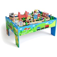 80 Pieces Wooden Kids Activity Playset with Tracks, 2-in-1 Train Table  Stud...