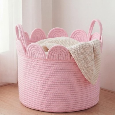 Pink Round Basket Large Blanket Basket 15.8'' L X 15.8'' W X 13.8'' H Scalloped ...