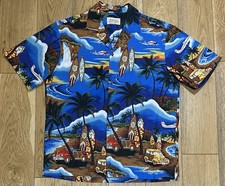 Camicia hawaiana Royal Creations uomo blu tavola da surf Woody Island palme M