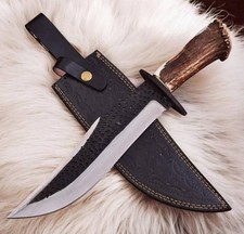 Hand Made Bowie Knife Stag Antler Handle Carbon Steel Blade Sharp With Sheath