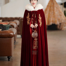 Velvet Wedding Party Cloak with Appliqued Floral Design and Thick Fur Collar
