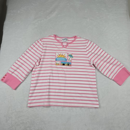 Breckenridge Petite Women's Medium Pink Striped Beach Embroidered 2 Piece Set - Picture 2 of 16