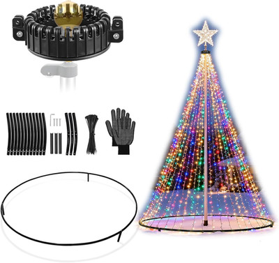 Flag Pole Christmas Tree Kit, Include Flag Pole Mega Topper Light Hook, Heavy-Du