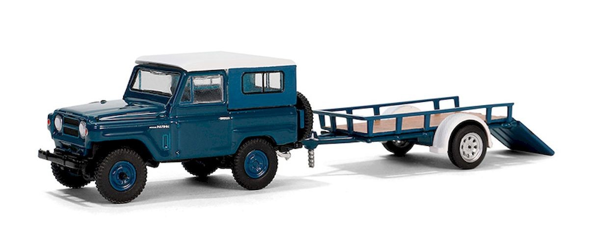 GreenLight 32310-A 1:64 1961 Nissan Patrol Hard Top with Utility Trailer – Blue
