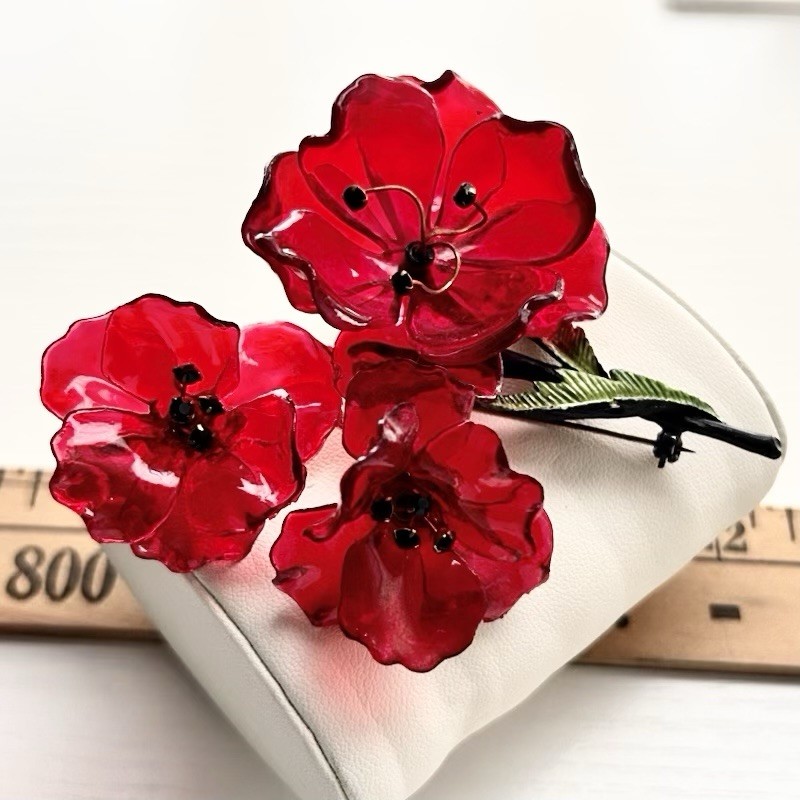 Vintage Acrylic Cellulose Acetate Rhinestone Red Poppy Flower Brooch Earring Set