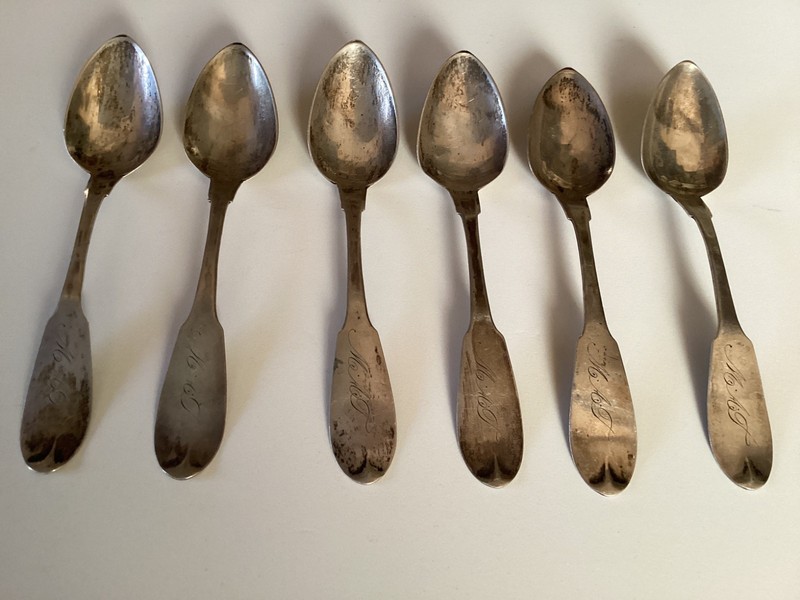 Set of 6 J.B.Wheaton 5&1/2" 19th Century Coin Silver Fiddleback Spoons 