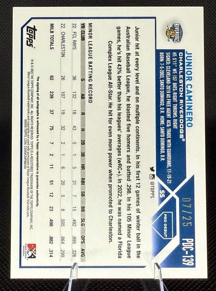 2023 Topps Chrome Pro Debut Junior Caminero Orange Lava Auto /25 Tampa Bay Rays - Image 2 of 2