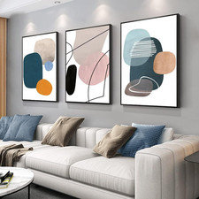 3 Piece Abstract Canvas Wall Art Set Framed Modern Orange Blue Home Decor