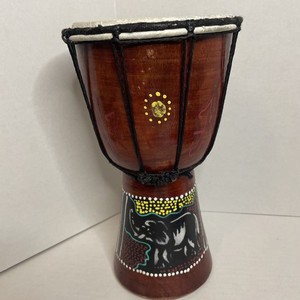 Hand-Painted Wooden Djembe Hand Drum, Dot-Painted Elephant Design, 11” Bongo