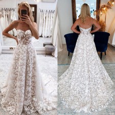 Beach Wedding Dresses Sweetheart Lace Appliques Sweep Train A Line Bridal Gowns