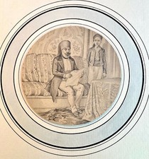 old master drawing Paire of Fine Turkish Ottoman Pasha and Soldiers 19th century