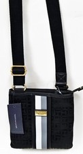 NEW TOMMY HILFIGER BLACK CANVAS+BLACK,WHITE,GRAY STRIPED,GOLD ACCENT CROSSBODY