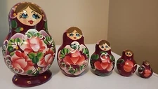Vintage Set of Five Wooden Russian Hand Painted Burgundy Floral Nesting Dolls