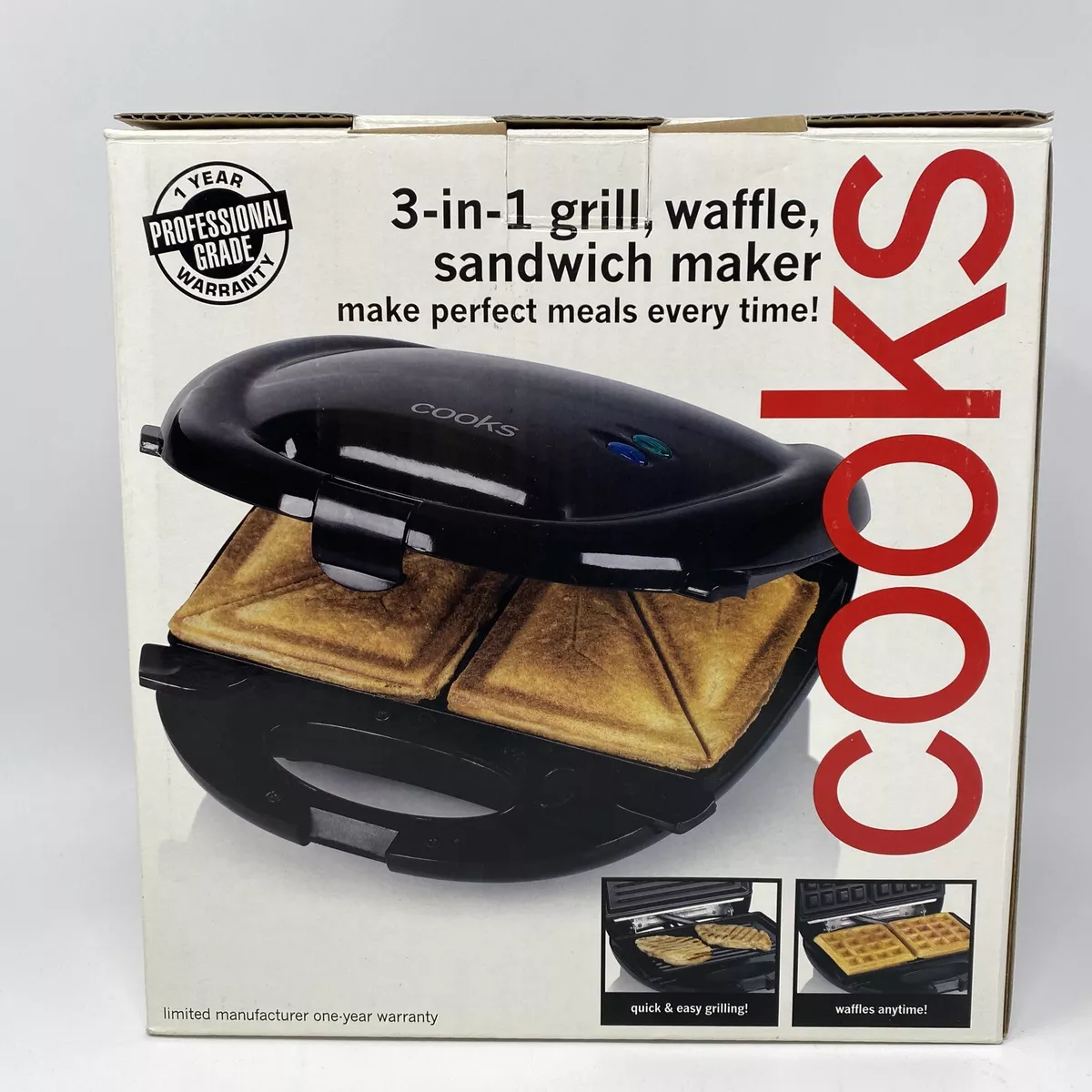 Cooks 3 in 1 Grill, Waffle, Sandwich Maker, Brand New In Box!