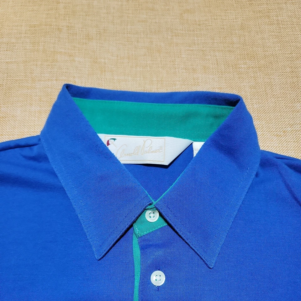 复古罕见 Arnold Palmer 男式高尔夫大号 Polo 衫蓝色绿色条纹 80 年代 90 年代 — 第 2/4 张图片