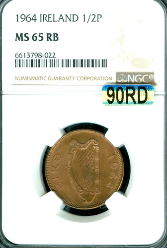 1964 IRELAND HALF PENNY NGC MS65 RB  MAC 90RD & SPOTLESS   *