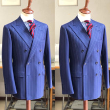 Royal Blue Striped Men's Suits Peak Lapel Double Breasted Wedding Groom Tuxedo