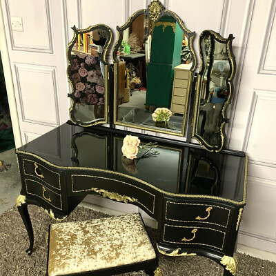 black gold dressing table Miami 3 Drawer Black and Gold Dressing Table Including Mirror – Time4Sleep main image 0