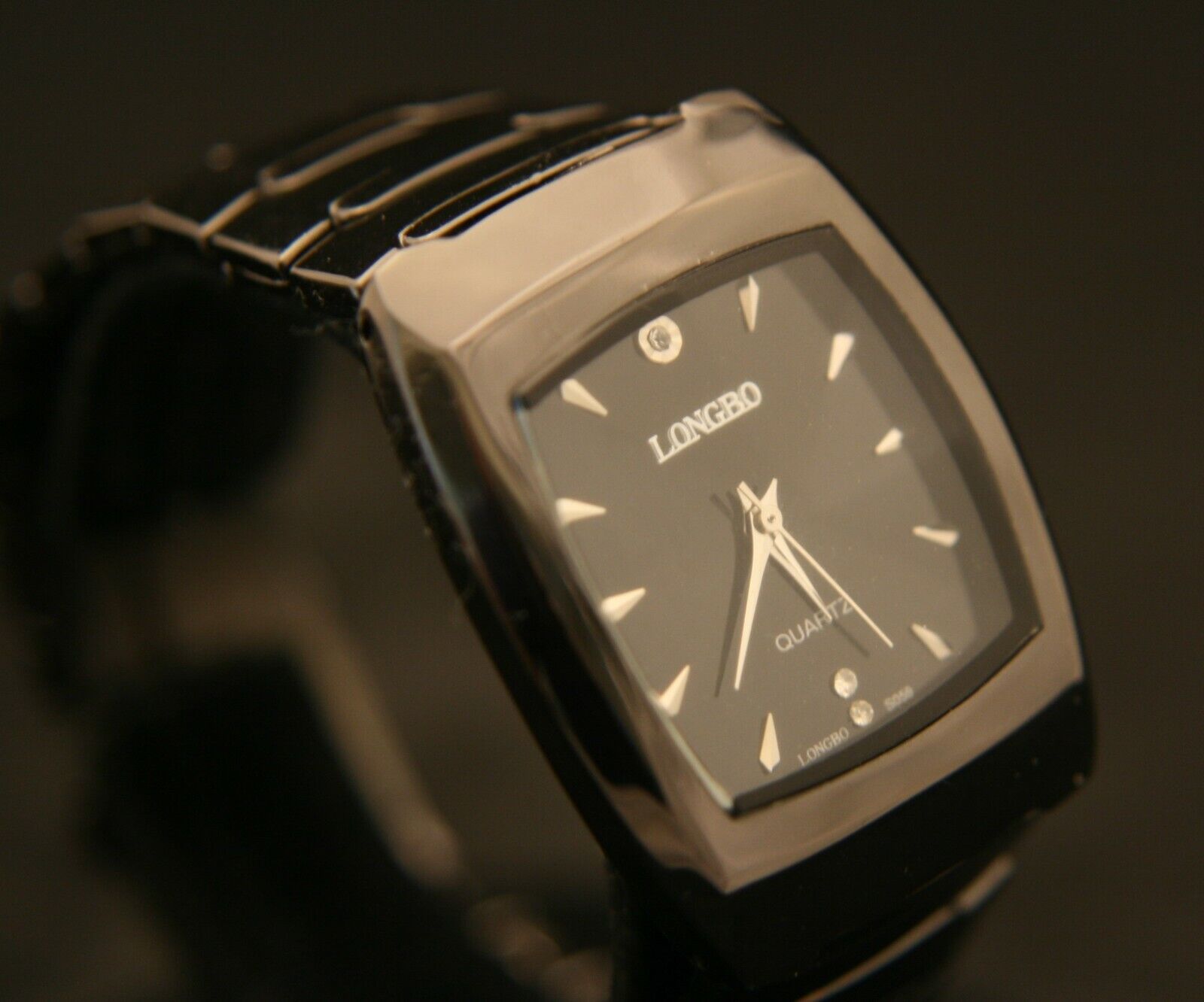 Handsome new men's Longbo black enamel finish bracelet quartz dress wristwatch  