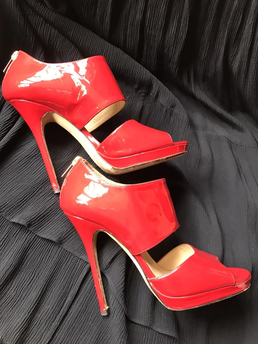 JIMMY CHOO PRIVATE RED PATENT STILETTO SANDALS ICONIC HEELS PLATFORM 38 LEATHER