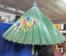 Vintage Oriental Hand Painted Wooden Umbrella Parasol
