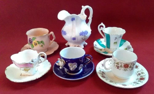 Lot of 6 Different Demitasse Cups Matching Saucers & Footed Pitcher Vintage