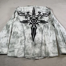 Roar Shirt Mens XL White Gray Embroidered Cross Grunge Y2K Button Up Western
