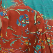 Sanskriti Vintage Sarees Blue Embordered Pure Crepe Print Sari 5Yd Craft Fabric