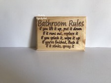 5.5" x 8" custom made wood " Bathroom rules " sign. Makes great gifts.