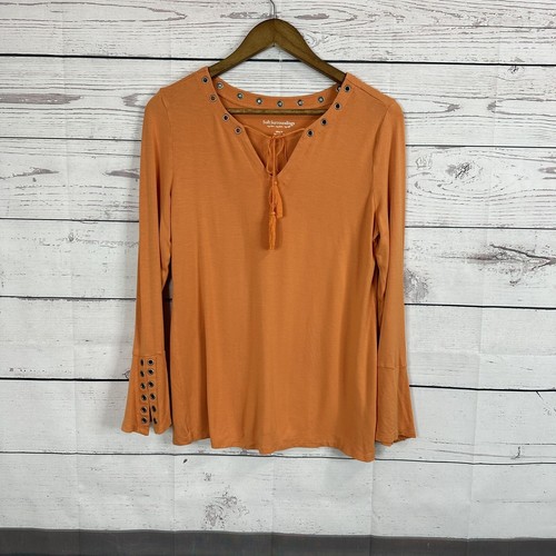 Soft Surroundings Top Shirt Womens Medium Orange Eyelet Western Stretch Tassel
