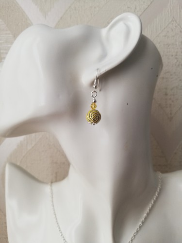Drop / Dangle Earrings - Yellow Swirl & Crystal - Silver Plated - Picture 3 of 3