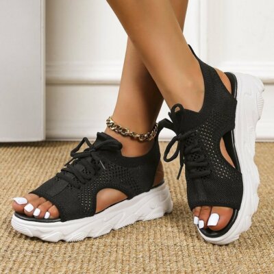 Womens Sandals Mesh Casual Wedge Heel Shoes Thick-Soled Lace-Up