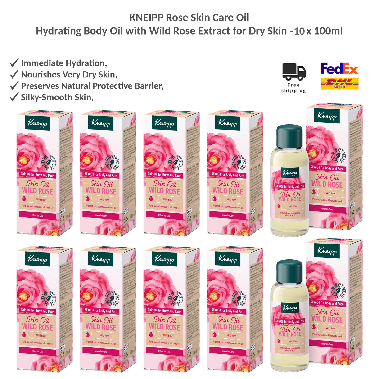 Aceite para el cuidado de la piel Kneipp para cuerpo y rostro rosa silvestre, nutre la piel muy seca 10x100 ml