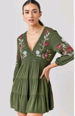 Francesca's Mi Ami Jordina Olive Embroidered A-Line Mini Dress Women's XL