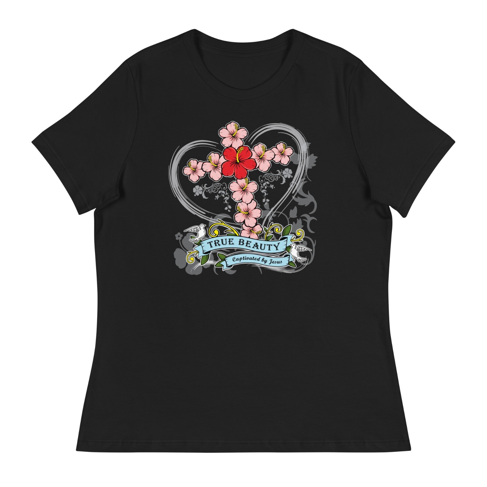 Camiseta relajada True Beauty Captivated by Jesus para mujer Christian Cross Hibiscus