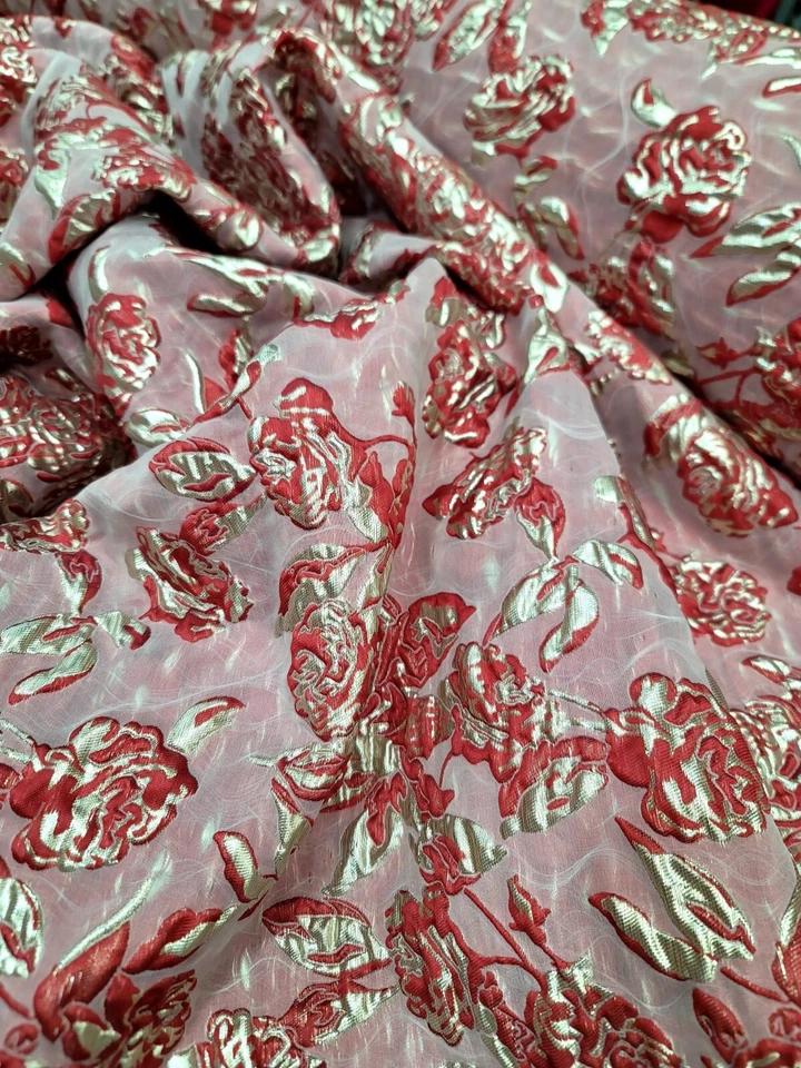 Red And Gold Fabric Sold By The Yard Metallic Floral Brocade For Dress 60" W - Image 3 of 4