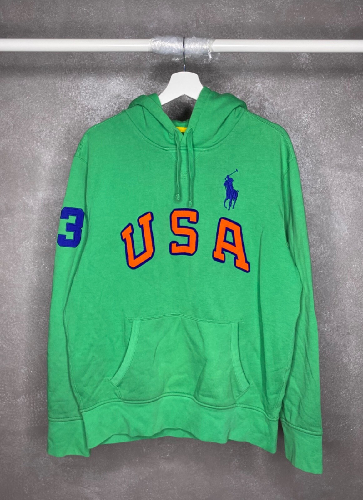 Ralph Lauren Polo Vintage Big Pony USA #3 Logo Felpa con Cappuccio Verde L