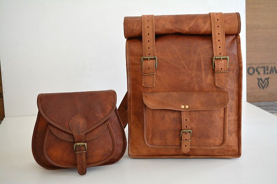 Combo Distressed brown leather backpack eco-friendly  display picture 2