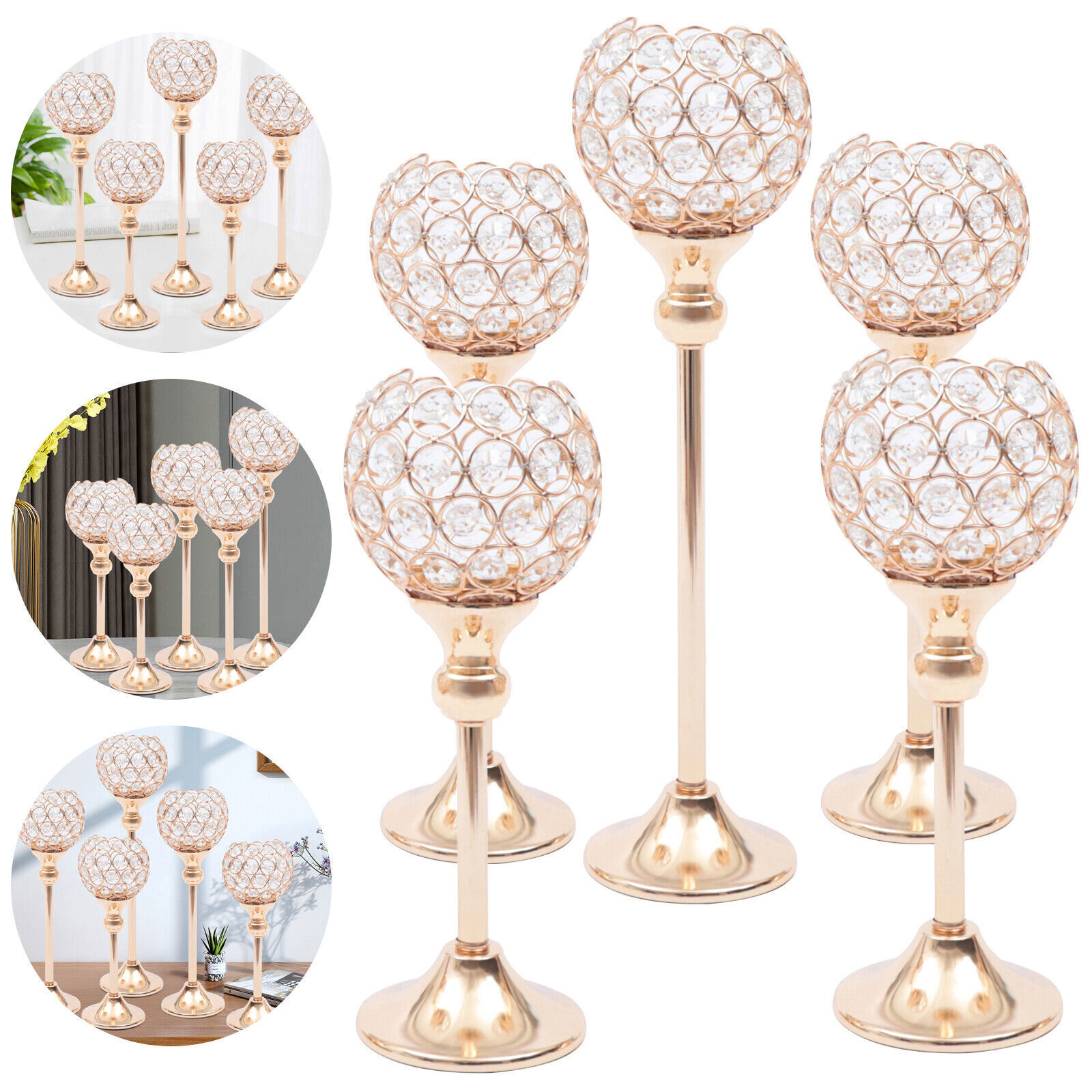 Gold Crystal Candle Holders Tealight Candlestick Holder Table Centerpieces, 5Pcs