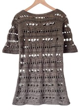 MOHAIR Blend Crochet Dress / Long Top Size 10 12 Mocha Brown Layering Boho Knit