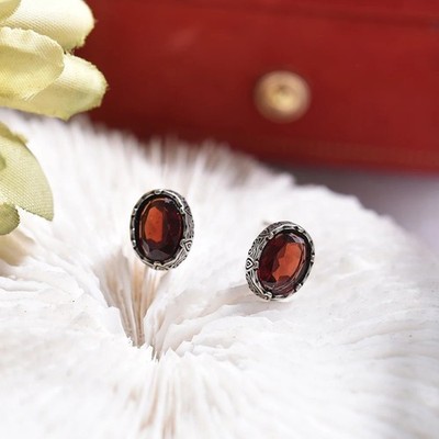 Echt Natur Granat Ohrstecker rot oval Vintage Damen Ohrring Schmuck Geschenk