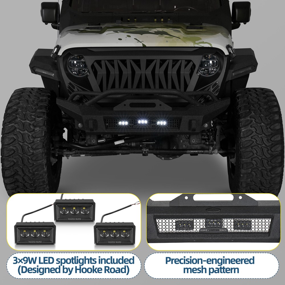 Hooke Road Front Bumper For 2018-2025 Jeep Wrangler JL JT w/LED Lights & D-Rings