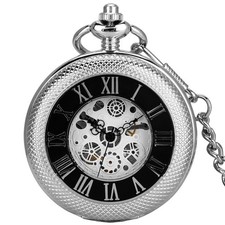 Silver Half Hunter Handwinding Mechanical Pocket Watch for Men Pendant Chain