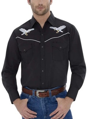 Men's Ely Cattleman Long Sleeve Western Snap Shirt with Eagle Embroidery Black