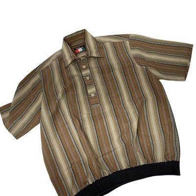 Vintage D'Accord Polo Shirt Mens Small Brown Greek Key Stripe Elastic Waist