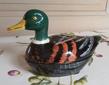 Terrine Barbotine un canard  tête verte faïence Michel Caugant