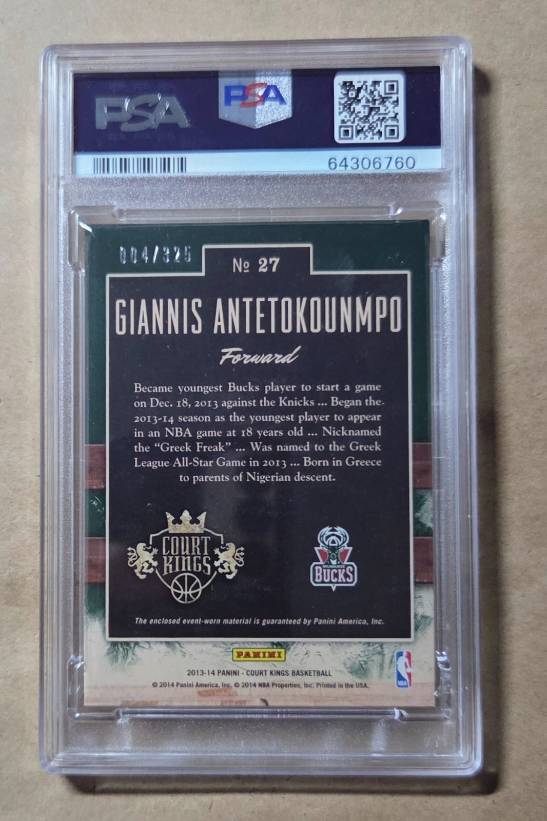 GIANNIS ANTETOKOUNMPO ~~~ (sp  /325) ROOKIE PATCH ~~~ 2013 court kings RC PSA 8 view 3