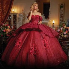 Burgundy Quinceanera Dresses Off Shoulder Lace Applique Prom Ball Gowns Sweet 16