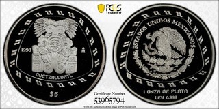 1998 Mo 5 Pesos QUETZALCOATL Mexico PCGS PR69DCAM Rare